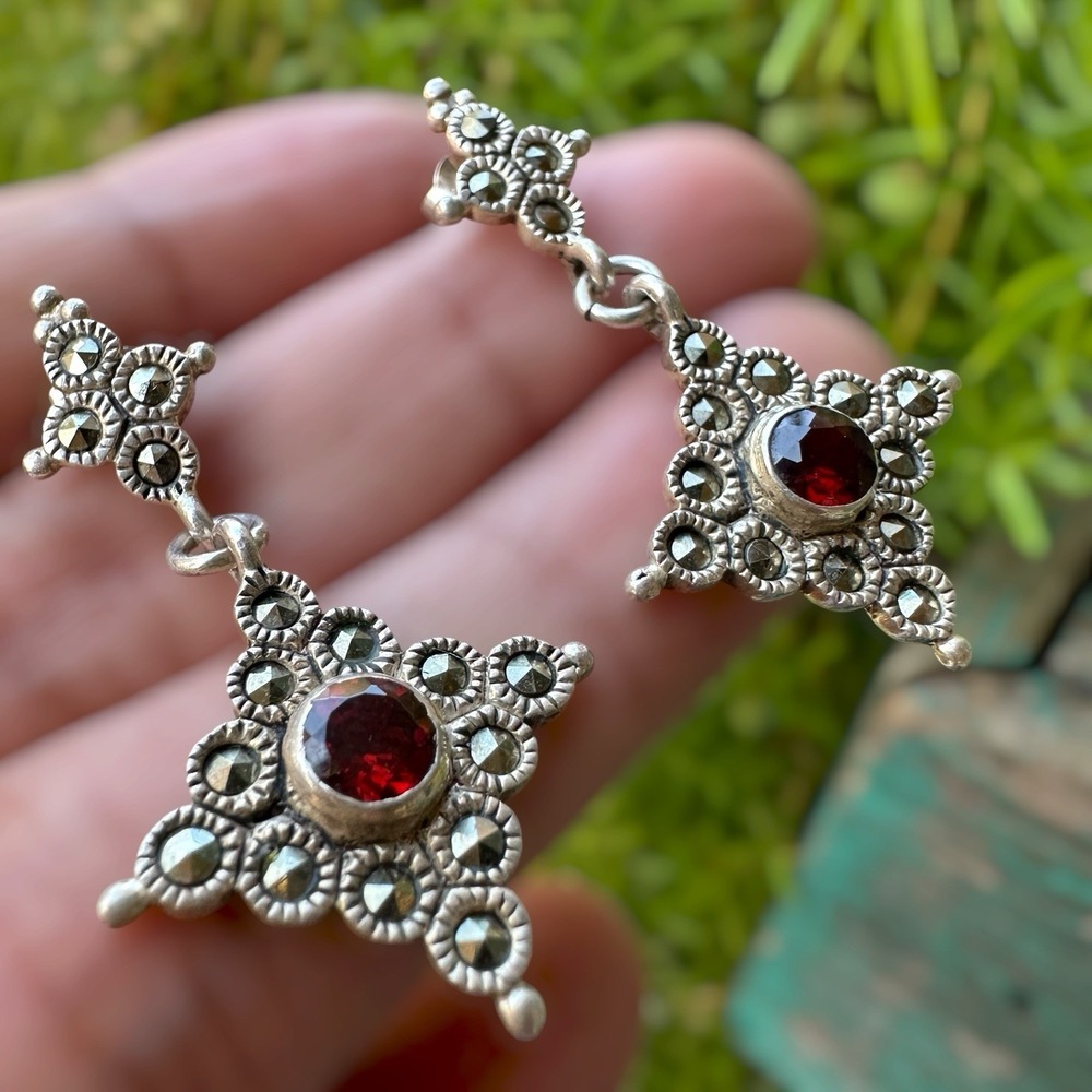 VTG Artisan Stud Dangle Earrings 1.5 Inch Red Garnet Marcasite 925 Sterling 7.1g